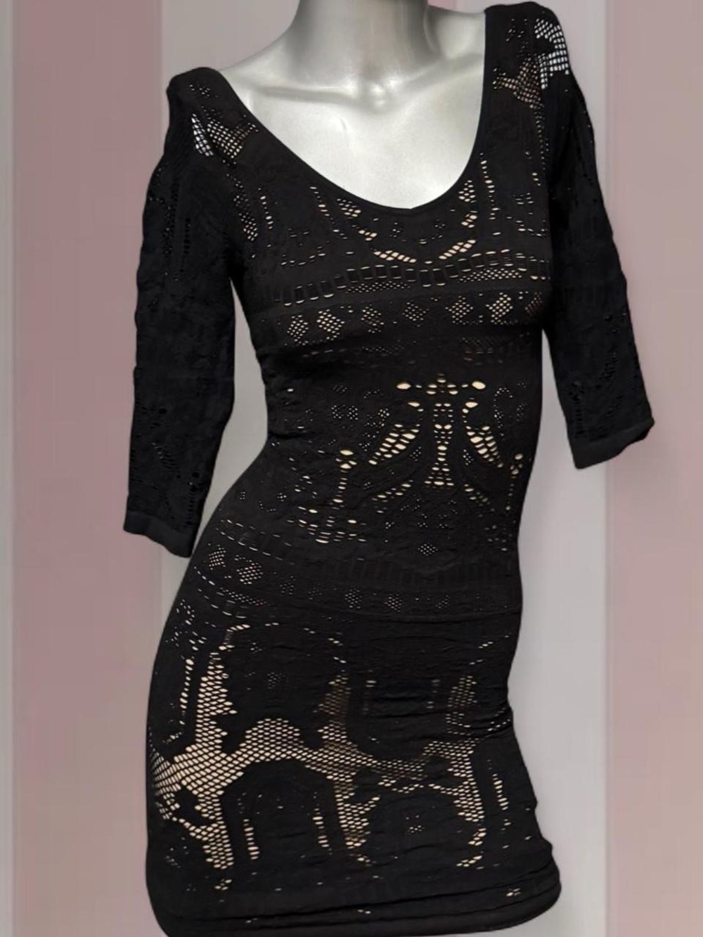 Y2K Bebe black lace mini dress with floral and geometric cut-out design